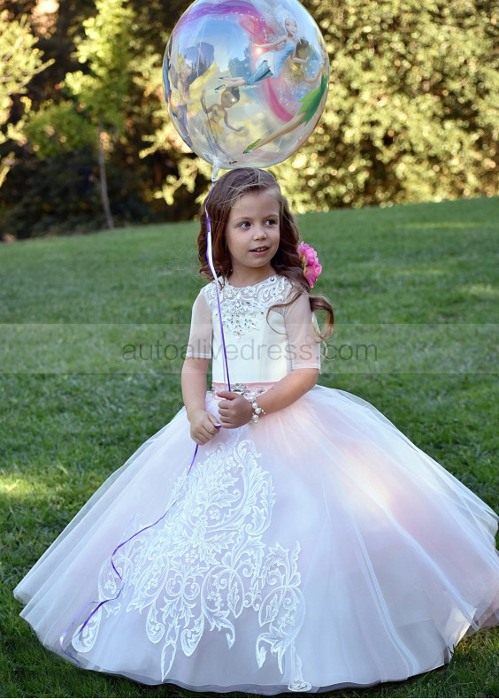 Elbow Sleeves Beaded Lace Tulle Buttons Back Flower Girl Dress